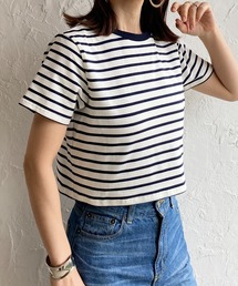 クルーネックリンガーボーダー半袖クロップドTシャツ