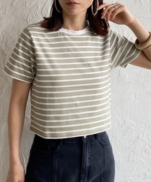 クルーネックリンガーボーダー半袖クロップドTシャツ