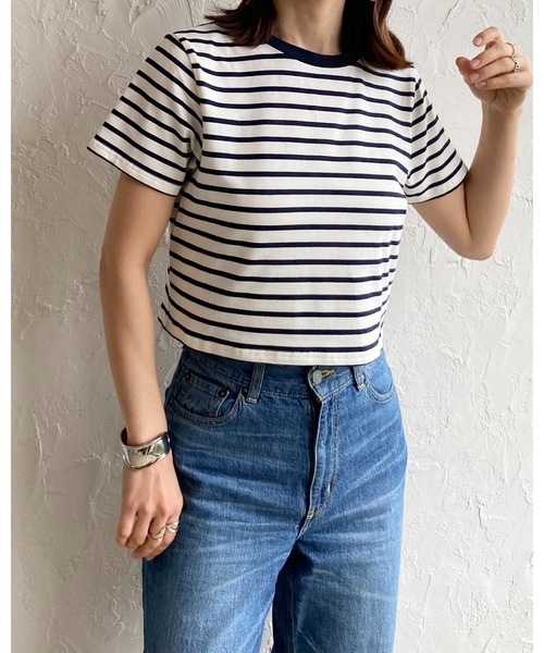 She's Closet（シーズクローゼット）の「クルーネックリンガーボーダー半袖クロップドTシャツ（Tシャツ/カットソー・レディース・ホワイト/ネイビー/グリーン/ミント・FREE）」の5枚目の写真