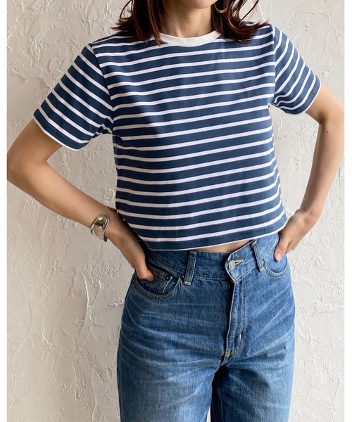 She's Closet（シーズクローゼット）の「クルーネックリンガーボーダー半袖クロップドTシャツ（Tシャツ/カットソー・レディース・ホワイト/ネイビー/グリーン/ミント・FREE）」の6枚目の写真