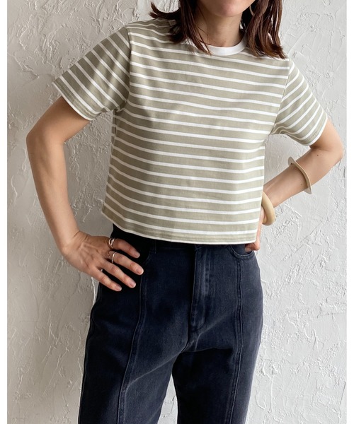 She's Closet（シーズクローゼット）の「クルーネックリンガーボーダー半袖クロップドTシャツ（Tシャツ/カットソー・レディース・ホワイト/ネイビー/グリーン/ミント・FREE）」の8枚目の写真