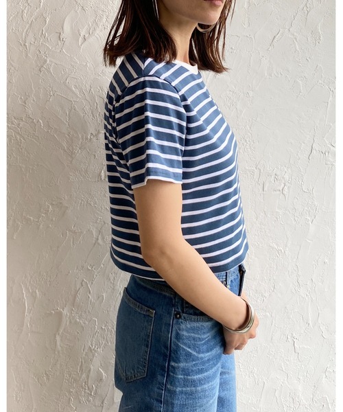 She's Closet（シーズクローゼット）の「クルーネックリンガーボーダー半袖クロップドTシャツ（Tシャツ/カットソー・レディース・ホワイト/ネイビー/グリーン/ミント・FREE）」の9枚目の写真