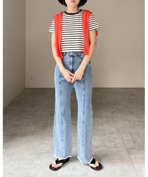 She's Closet（シーズクローゼット）の「クルーネックリンガーボーダー半袖クロップドTシャツ（Tシャツ/カットソー・レディース・ホワイト/ネイビー/グリーン/ミント・FREE）」の10枚目の写真