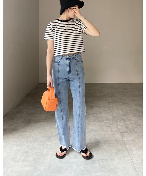 She's Closet（シーズクローゼット）の「クルーネックリンガーボーダー半袖クロップドTシャツ（Tシャツ/カットソー・レディース・ホワイト/ネイビー/グリーン/ミント・FREE）」の12枚目の写真