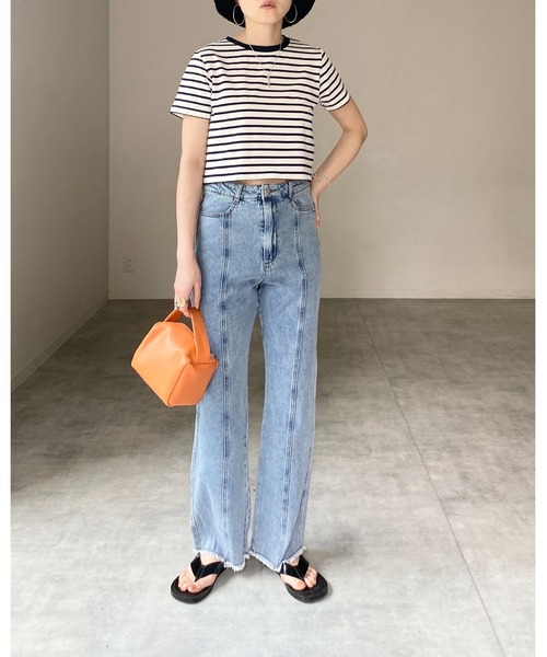 She's Closet（シーズクローゼット）の「クルーネックリンガーボーダー半袖クロップドTシャツ（Tシャツ/カットソー・レディース・ホワイト/ネイビー/グリーン/ミント・FREE）」の13枚目の写真