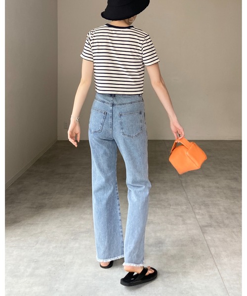 She's Closet（シーズクローゼット）の「クルーネックリンガーボーダー半袖クロップドTシャツ（Tシャツ/カットソー・レディース・ホワイト/ネイビー/グリーン/ミント・FREE）」の14枚目の写真