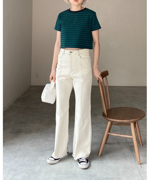 She's Closet（シーズクローゼット）の「クルーネックリンガーボーダー半袖クロップドTシャツ（Tシャツ/カットソー・レディース・ホワイト/ネイビー/グリーン/ミント・FREE）」の18枚目の写真