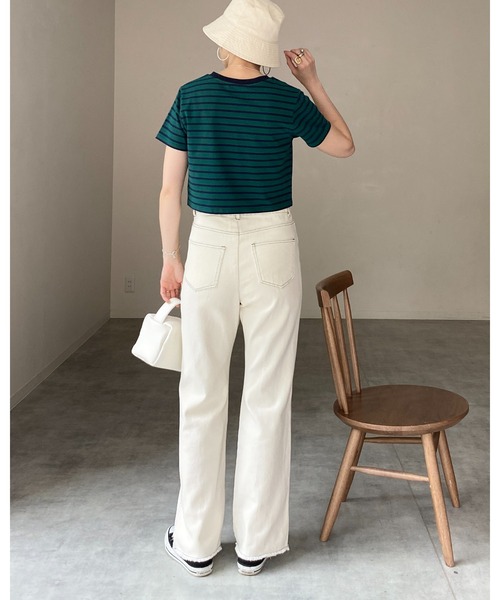 She's Closet（シーズクローゼット）の「クルーネックリンガーボーダー半袖クロップドTシャツ（Tシャツ/カットソー・レディース・ホワイト/ネイビー/グリーン/ミント・FREE）」の19枚目の写真