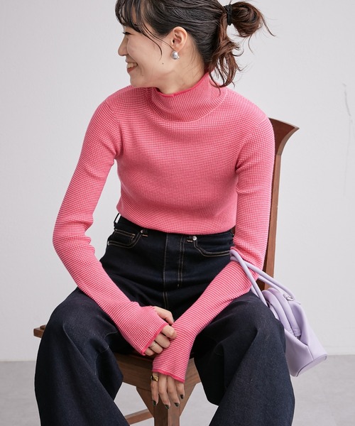 CIAOPANIC TYPY（チャオパニックティピー）の「□【新色追加】アンチピリングボーダー配色ステッチタートルニット（ニット/セーター・レディース・オフホワイト/サックスブルー/ピンク/グレー系その他/グレー/ネイビー/パープル・ONE SIZE）」の7枚目の写真