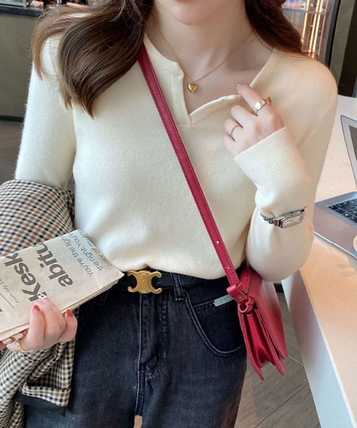 Girly Doll（ガーリードール）の「キーネックプルオーバー（ニット/セーター・レディース・ホワイト/ブラック/ベージュ/ピンク/オレンジ/ブルー/アイボリー/ライトグレー/ピンクベージュ/パープル/ブラウン/キャメル/グリーン・FREE）」の18枚目の写真