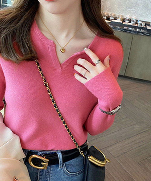 Girly Doll（ガーリードール）の「キーネックプルオーバー（ニット/セーター・レディース・ホワイト/ブラック/ベージュ/ピンク/オレンジ/ブルー/アイボリー/ライトグレー/ピンクベージュ/パープル/ブラウン/キャメル/グリーン・FREE）」の21枚目の写真