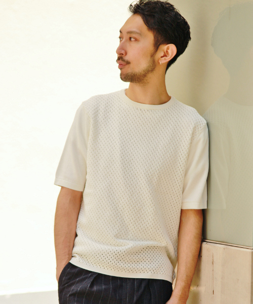 EDIFICE（エディフィス）の「◇ケーブルメッシュクルーネック S/S（ニット/セーター・メンズ・チャコールグレー/ホワイト/グリーン/ネイビー・48/46/44）」の2枚目の写真