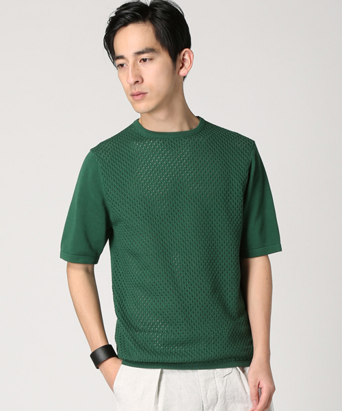 EDIFICE（エディフィス）の「◇ケーブルメッシュクルーネック S/S（ニット/セーター・メンズ・チャコールグレー/ホワイト/グリーン/ネイビー・48/46/44）」の3枚目の写真