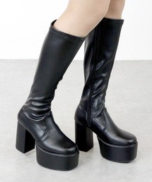 LOVEHUNTER / スクエアトゥ 厚底 フロントバルキーソール ストレッチロングブーツ 10.5cmヒール (1585)