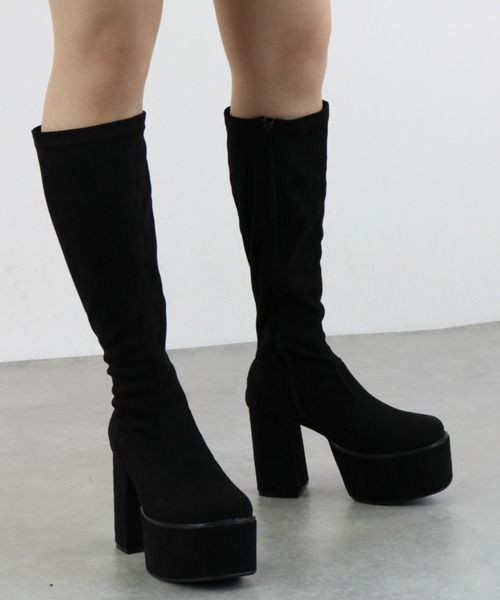 LOVEHUNTER(ラブハンター)の「LOVEHUNTER / スクエアトゥ 厚底 フロントバルキーソール ストレッチロングブーツ 10.5cmヒール (1585)(ブーツ・レディース・ブラック/アイボリー/ブラック系その他・S/M/L/LL/SS/3L)」の5枚目の写真