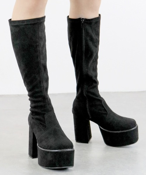 LOVEHUNTER(ラブハンター)の「LOVEHUNTER / スクエアトゥ 厚底 フロントバルキーソール ストレッチロングブーツ 10.5cmヒール (1585)(ブーツ・レディース・ブラック/アイボリー/ブラック系その他・S/M/L/LL/SS/3L)」の6枚目の写真
