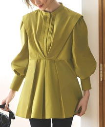 トライアングルタックブラウス | 長袖 スタンドカラー トップス 体型カバー オフィスカジュアル ボリュームスリーブ 通勤服 華やか ブラウス