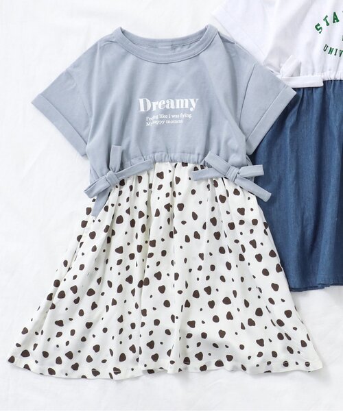 apres les cours（アプレレクール）の「3柄ロゴドッキングワンピース（ワンピース・キッズ・サックスブルー/ピンク/オフホワイト・140/130/110/100/80/120/90）」の2枚目の写真