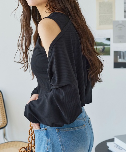 KOBE LETTUCE（コウベレタス）の「リブボレロカーディガン＆リブタンクトップSET（アンサンブル・レディース・オフホワイト/ブラック/モカ・M）」の3枚目の写真