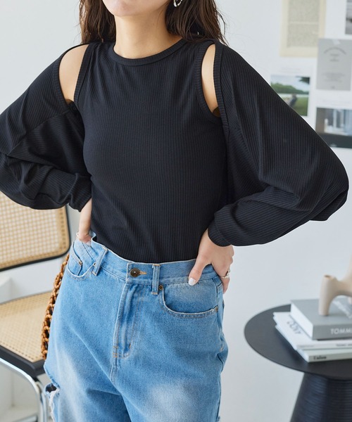 KOBE LETTUCE（コウベレタス）の「リブボレロカーディガン＆リブタンクトップSET（アンサンブル・レディース・オフホワイト/ブラック/モカ・M）」の6枚目の写真