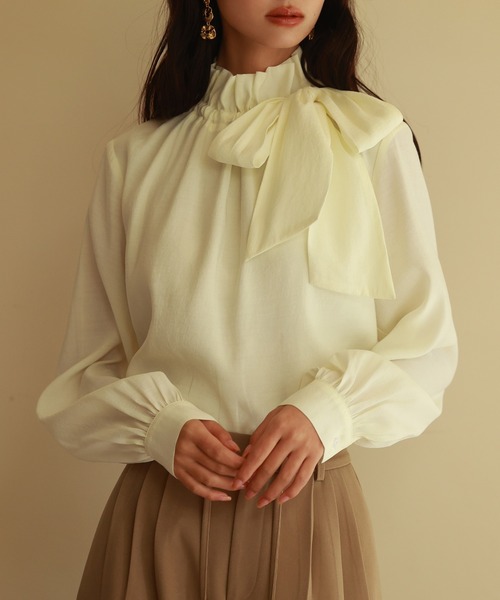 SAISON DE PAPILLON（セゾンドパピヨン）の「フリルリボンタイワッシャーブラウス（シャツ/ブラウス・レディース・アイボリー/ベージュ/ネイビー/パープル・S/M/L）」の7枚目の写真