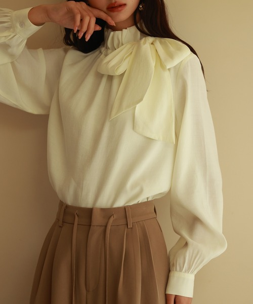 SAISON DE PAPILLON（セゾンドパピヨン）の「フリルリボンタイワッシャーブラウス（シャツ/ブラウス・レディース・アイボリー/ベージュ/ネイビー/パープル・S/M/L）」の13枚目の写真