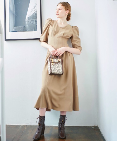 セール】ウエストタックバックシャン長袖ワンピース（ワンピース