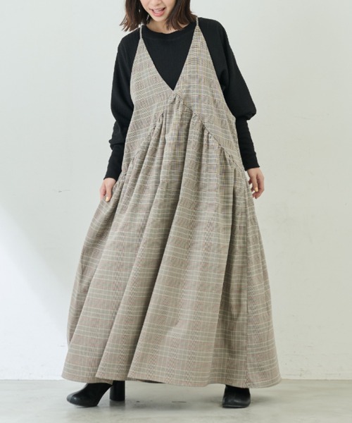 Libra Cue（リブラ キュー）の「キャミソールドレスワンピース（ワンピース・レディース・ブラック/チェック/ベージュ・FREE）」の13枚目の写真