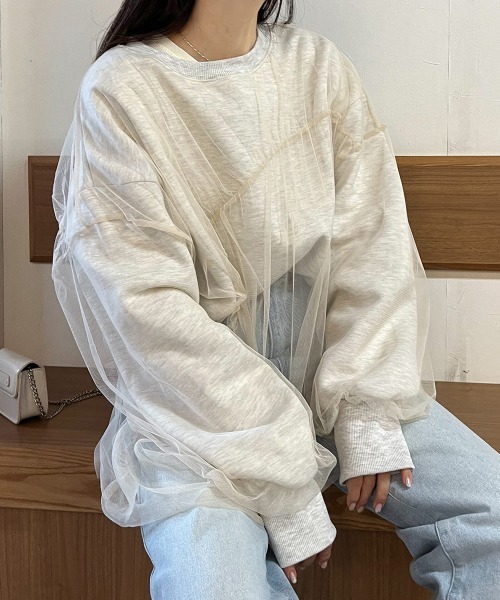 Bab（バブ）の「チュールレイヤード裏起毛スウェット（スウェット・レディース・杢グレー/グレイッシュベージュ/ホワイト系その他・FREE）」の16枚目の写真