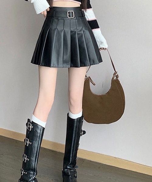 gossip！ロサンゼルス（ゴシップロサンゼルス）の「ベルト付き プリーツミニ合成皮革スカート（スカート・レディース・ブラック/ブラウン・M/L/S）」の14枚目の写真
