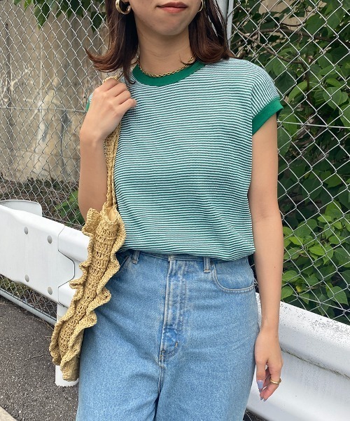 Healthknit（ヘルスニット）の「【LEE 6月号掲載】[HEALTHKNIT/ヘルスニット] 別注 ワッフルボーダー ノースリーブカットソー（Tシャツ/カットソー・レディース・ブラック/グリーン/レッド/ホワイト・F）」の3枚目の写真