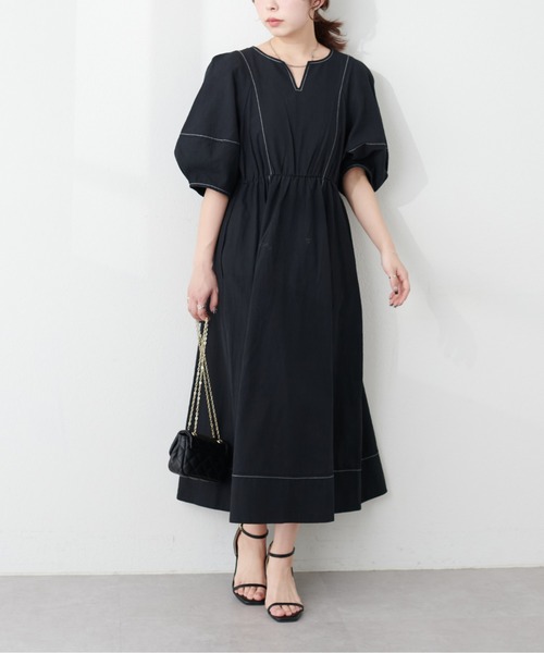 natural couture(ナチュラルクチュール)の「プチナチュ/ランタンスリーブワンピース(ワンピース・レディース・ブラック/インディゴブルー/ベージュ/ドット・SMALL)」の3枚目の写真