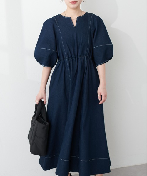 natural couture(ナチュラルクチュール)の「プチナチュ/ランタンスリーブワンピース(ワンピース・レディース・ブラック/インディゴブルー/ベージュ/ドット・SMALL)」の17枚目の写真