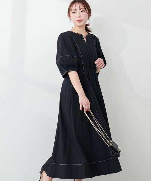 natural couture(ナチュラルクチュール)の「プチナチュ/ランタンスリーブワンピース(ワンピース・レディース・ブラック/インディゴブルー/ベージュ/ドット・SMALL)」の7枚目の写真
