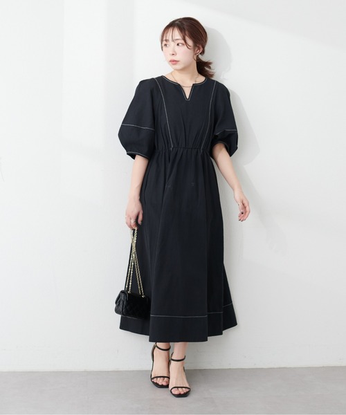 natural couture(ナチュラルクチュール)の「プチナチュ/ランタンスリーブワンピース(ワンピース・レディース・ブラック/インディゴブルー/ベージュ/ドット・SMALL)」の5枚目の写真