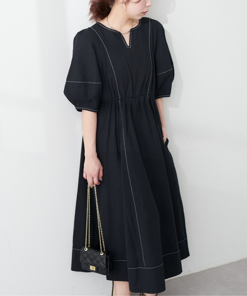 natural couture(ナチュラルクチュール)の「プチナチュ/ランタンスリーブワンピース(ワンピース・レディース・ブラック/インディゴブルー/ベージュ/ドット・SMALL)」の9枚目の写真