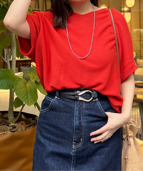 Chez toi(シェトワ)の「シャリニット5分袖プルオーバー(ニット/セーター・レディース・オフホワイト/ブルー/ブラック/レッド・FREE)」の4枚目の写真