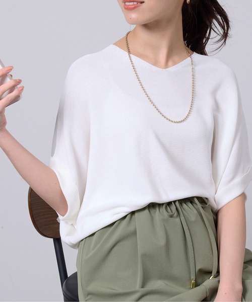 Chez toi(シェトワ)の「シャリニット5分袖プルオーバー(ニット/セーター・レディース・オフホワイト/ブルー/ブラック/レッド・FREE)」の2枚目の写真