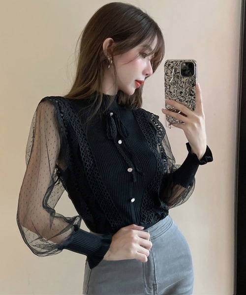 Miniministore(ミニミニストア)の「ブラウストップス プルオーバー 異素材(ニット/セーター・レディース・ホワイト/ブラック・FREE)」の5枚目の写真