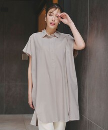 【洗える】フレンチスリーブリネンチュニックシャツ