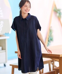 【洗える】フレンチスリーブリネンチュニックシャツ