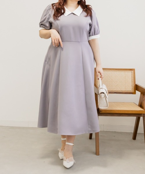 CLETTE(クレット)の「配色襟半袖ワンピース(ワンピース・レディース・ラベンダー/ブラック/バーガンディー・LL/3L/4L)」の3枚目の写真