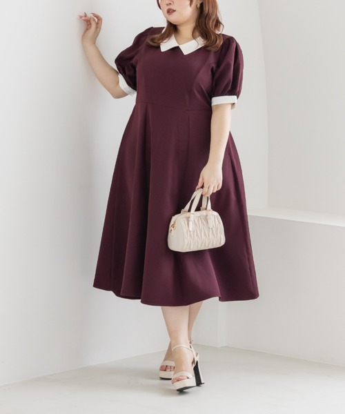 CLETTE(クレット)の「配色襟半袖ワンピース(ワンピース・レディース・ラベンダー/ブラック/バーガンディー・LL/3L/4L)」の1枚目の写真