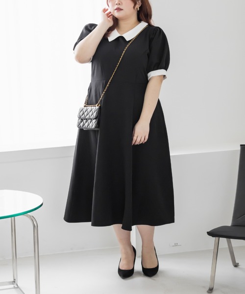 CLETTE(クレット)の「配色襟半袖ワンピース(ワンピース・レディース・ラベンダー/ブラック/バーガンディー・LL/3L/4L)」の6枚目の写真