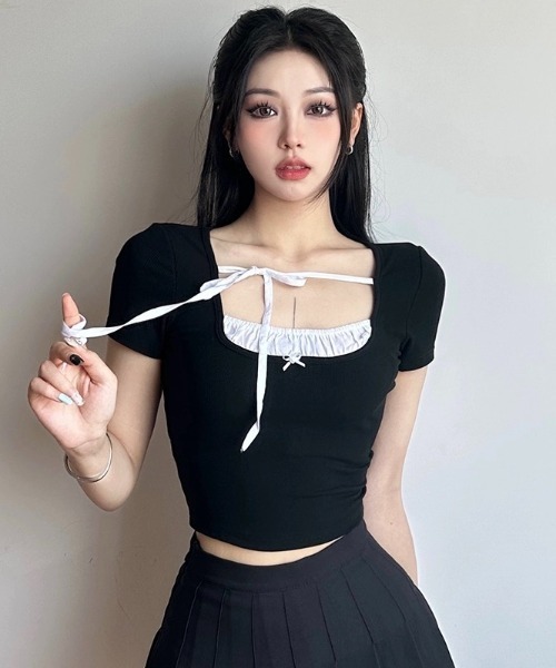 .KOM（ドットコム）の「A'GEM/9 × .kom 『.KOM/ドットケーオーエム』 フェイク ツーピース半袖カットソー（Tシャツ/カットソー・レディース・ブラック・M/L）」の3枚目の写真