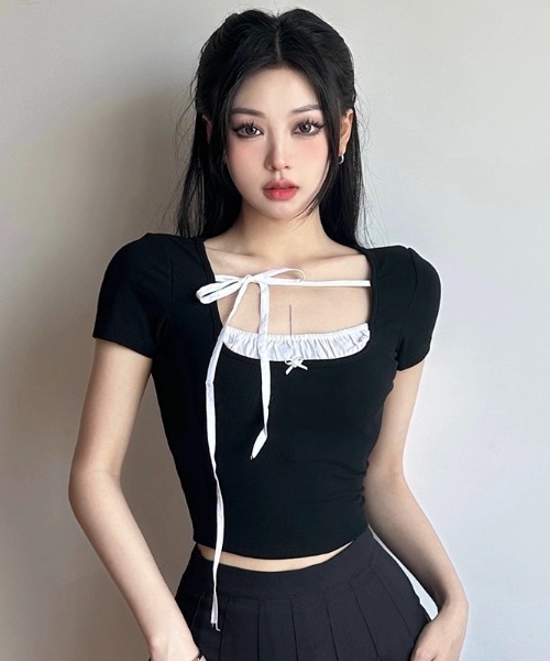 .KOM（ドットコム）の「A'GEM/9 × .kom 『.KOM/ドットケーオーエム』 フェイク ツーピース半袖カットソー（Tシャツ/カットソー・レディース・ブラック・M/L）」の7枚目の写真