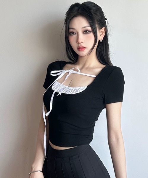 .KOM（ドットコム）の「A'GEM/9 × .kom 『.KOM/ドットケーオーエム』 フェイク ツーピース半袖カットソー（Tシャツ/カットソー・レディース・ブラック・M/L）」の8枚目の写真