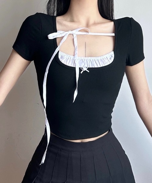 .KOM（ドットコム）の「A'GEM/9 × .kom 『.KOM/ドットケーオーエム』 フェイク ツーピース半袖カットソー（Tシャツ/カットソー・レディース・ブラック・M/L）」の10枚目の写真