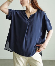 裾異素材切り替えキーネックプルオーバー【大きいサイズ対応】