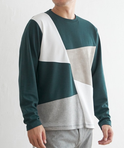 ikka(イッカ)の「【親子コーデ】ブロックススエードタッチ切り替えロンT(Tシャツ/カットソー・メンズ・ネイビー/ホワイト/グリーン/ワイン・M/L/XL/S)」の2枚目の写真